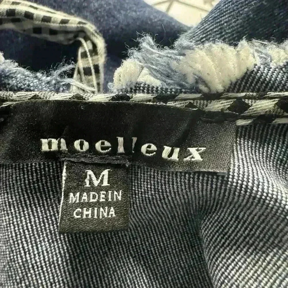 Moelleux Womens M V-Neck Denim Bell Sleeves Frayed Hem Laced Back Hobo Tunic Top - Picture 8 of 10